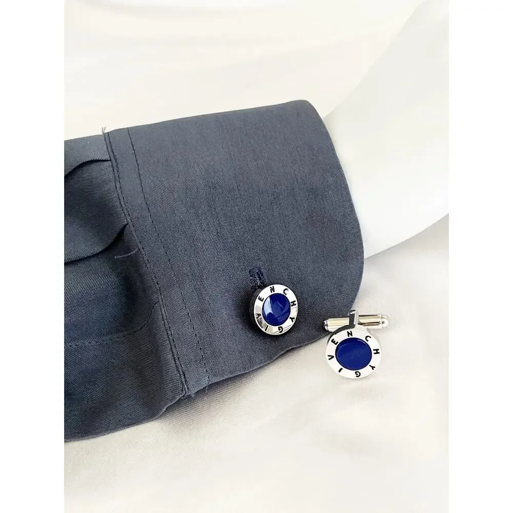 GIVENCHY Cufflinks Round Blue Enamel Polished Silver Tone Frame Brand Logo